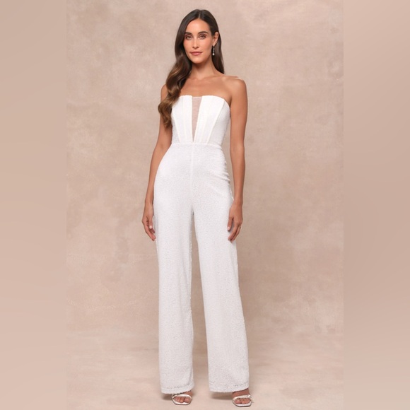 Lulus Glamorous Spirit White Sequin Strapless Bustier Jumpsuit